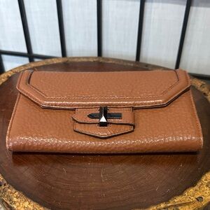 Rebecca Minkoff Brown Pebbled Leather Wallet Fabric Logo Interior